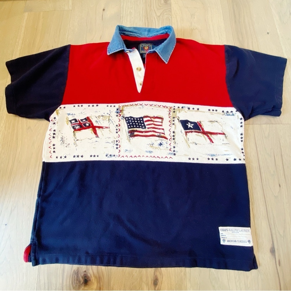 Vtg CHAPS Ralph Lauren American Classics Mens Large Polo Shirt American Flags